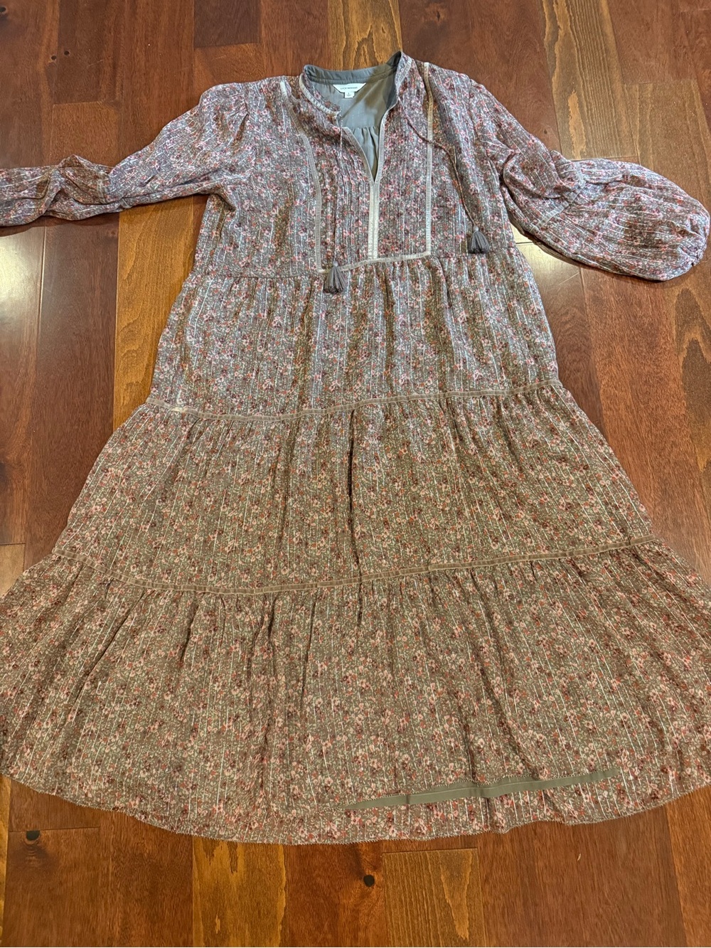 Lucky Brand Mauve Floral Tiered Maxi Dress with Tassel Tie